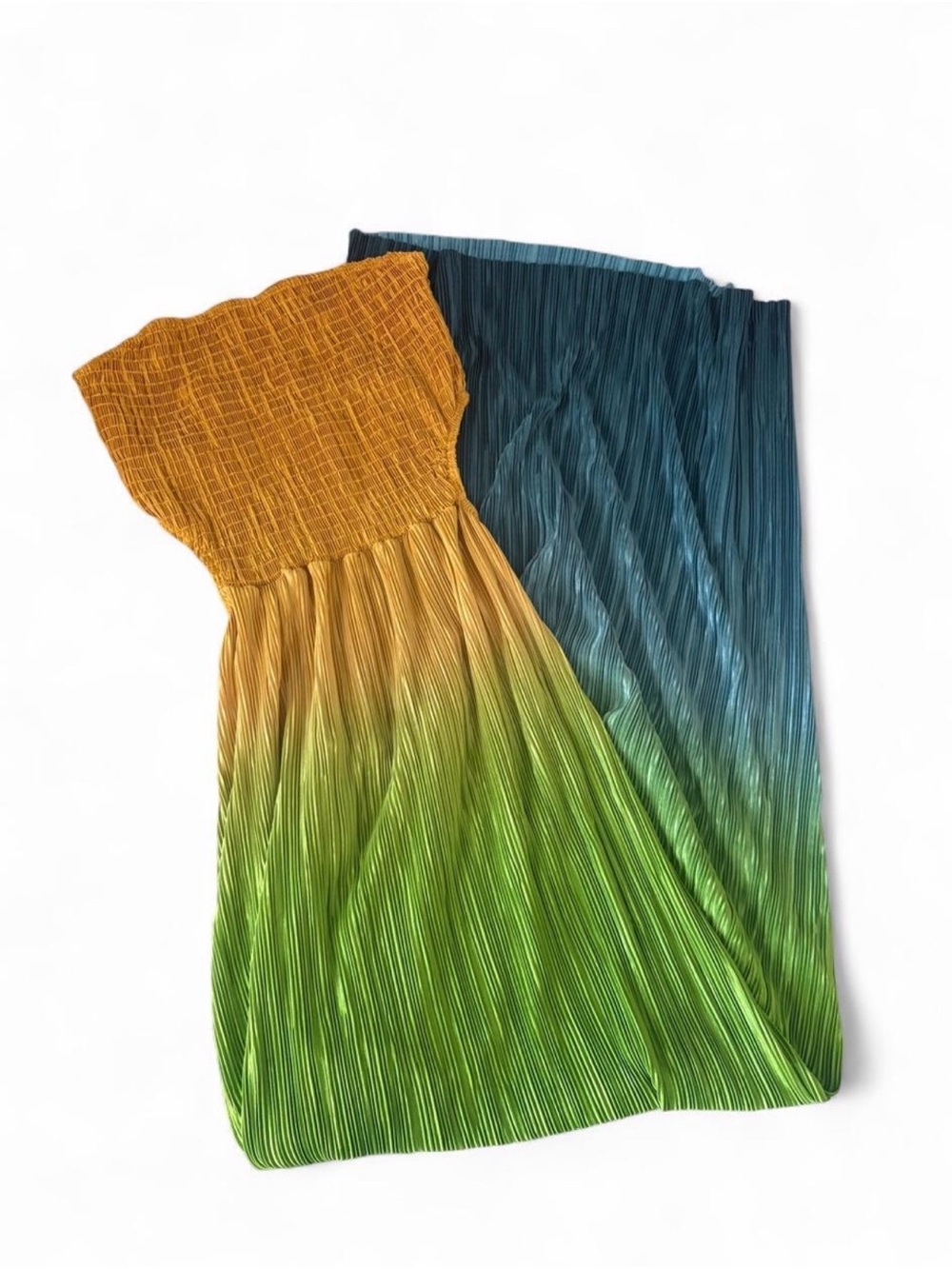 Striped Ombre Strapless Maxi Dress in Mustard, Green & Teal